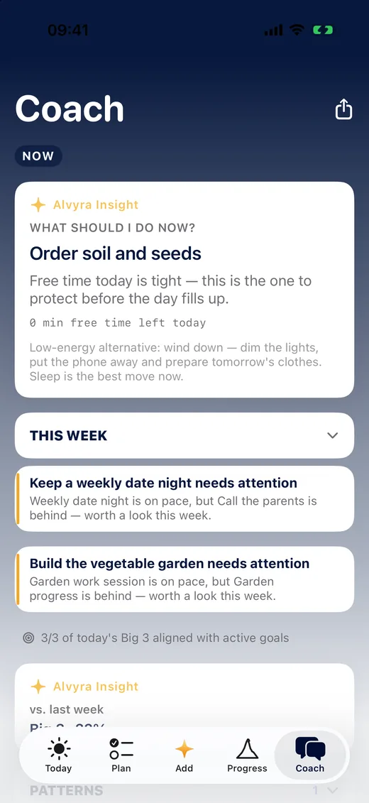 Coach screen with a suggested next action