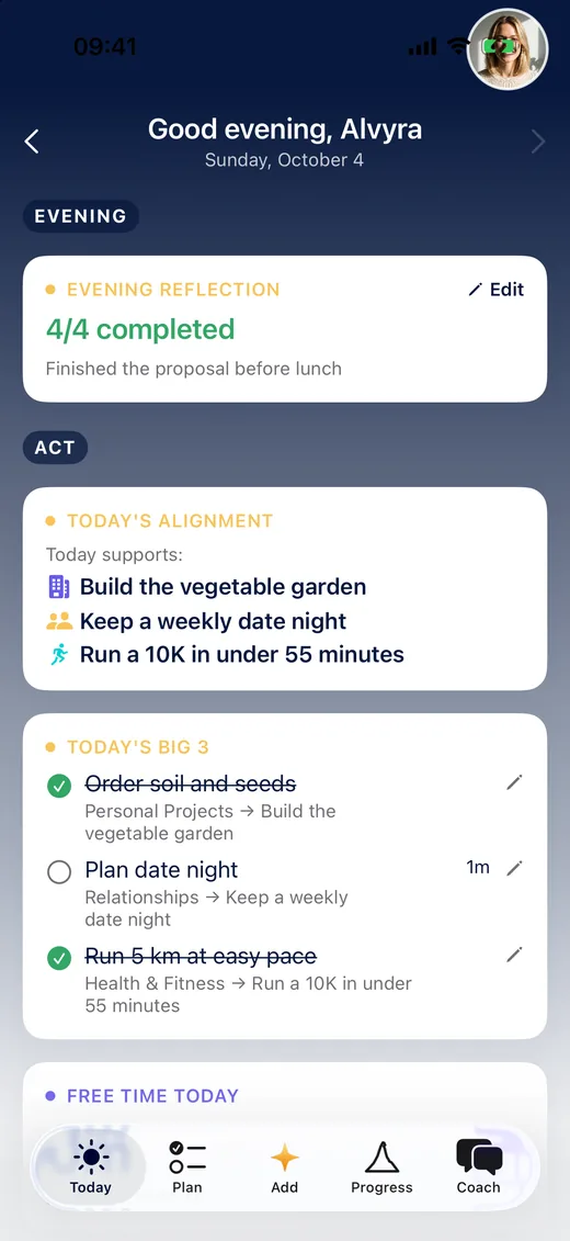 Today screen with the evening reflection, alignment and the three daily priorities
